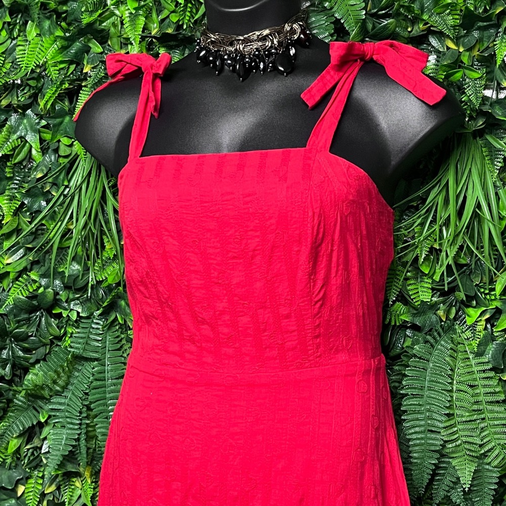 Draper James RSVP Dress Large Red Textured Hearts Tie Shoulder Smocked Midi 3844 - Picture 6 of 9